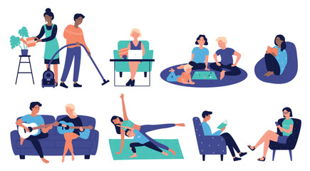 Family and individuals spending time at home doing chores, working, playing, reading, making music, exercising, and relaxing for lifestyle, leisure, and wellness concepts vector illustration
