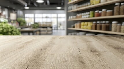 Light Wood Tabletop Mockup in Blurred Grocery Store