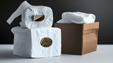 Stacked Toilet Paper Rolls and Tissue Box on Table
