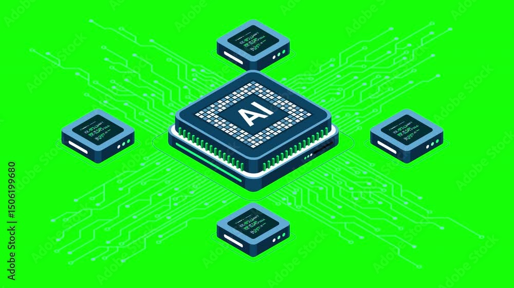 Poster isometric artificial intelligence chip animation. artificial intelligence concept. futuristic microc