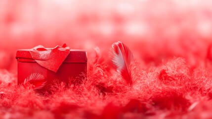 Red Gift Box on Red Feathers Valentines Day