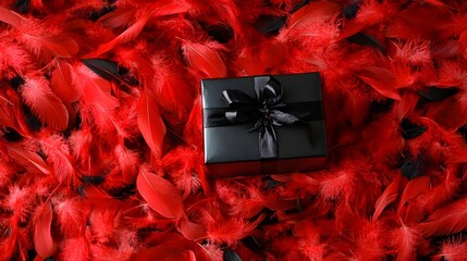 Luxury Black Gift Box on Red Feathers Background