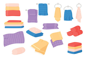 Fabric towels set. Cloth towel for bath, hygiene. Bathroom textile cartoon vector illustration