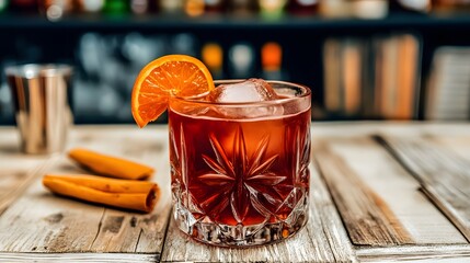 Refreshing Negroni Cocktail in Crystal Glass with Orange Slice