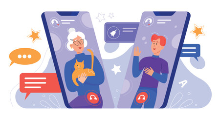 Two people communicate by smartphones concept flat creative vector illustration. Distance video call, son and mother at devices screens, care each other conversation.