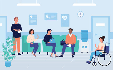 Patients in clinic waiting room character flat vector illustration, medicine and healthcare. Man and woman sit at hall, enabled girl is in wheelchair. Medical service, doctor appointment, sickness