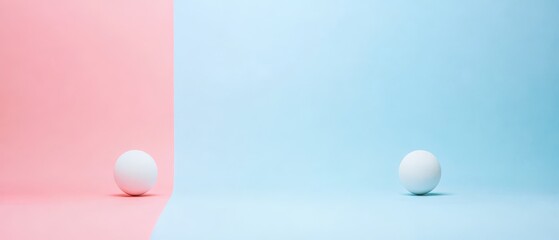 White balls placed on pink and blue backgrounds