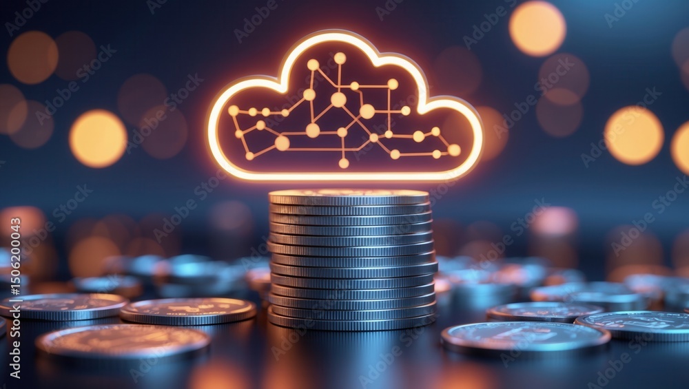 Poster stack of coins with glowing cloud network icon representing cloud computing and financial technology