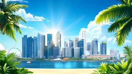 Tropical Cityscape Skyline Panorama with Palm Trees and Bright Sunlight Illustration