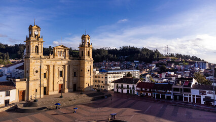 Chiquinquira, Boyaca - Colombia. May 12, 2025. Panoramic drone view of the town's main church