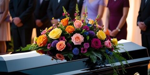 Close-up of a polished casket adorned with vibrant roses and floral arrangements during an outdoor funeral ceremony, with mourners respectfully standing in the background

