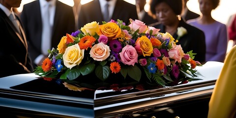 Close-up of a polished casket adorned with vibrant roses and floral arrangements during an outdoor funeral ceremony, with mourners respectfully standing in the background

