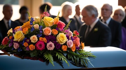Close-up of a polished casket adorned with vibrant roses and floral arrangements during an outdoor funeral ceremony, with mourners respectfully standing in the background

