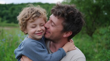 Fototapeta premium Father and son share a joyful moment outdoors amidst greenery on a bright sunny day