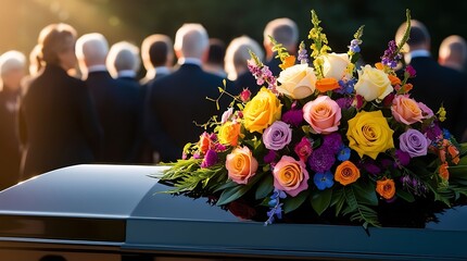 Close-up of a polished casket adorned with vibrant roses and floral arrangements during an outdoor funeral ceremony, with mourners respectfully standing in the background

