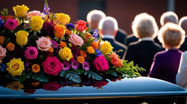 Close-up of a polished casket adorned with vibrant roses and floral arrangements during an outdoor funeral ceremony, with mourners respectfully standing in the background

