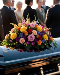 Close-up of a polished casket adorned with vibrant roses and floral arrangements during an outdoor funeral ceremony, with mourners respectfully standing in the background

