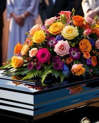 Close-up of a polished casket adorned with vibrant roses and floral arrangements during an outdoor funeral ceremony, with mourners respectfully standing in the background

