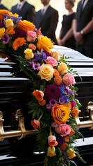 Close-up of a polished casket adorned with vibrant roses and floral arrangements during an outdoor funeral ceremony, with mourners respectfully standing in the background

