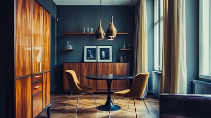 Fototapeta premium Stylish dining area with dark wood furniture and mustard yellow chairs.
