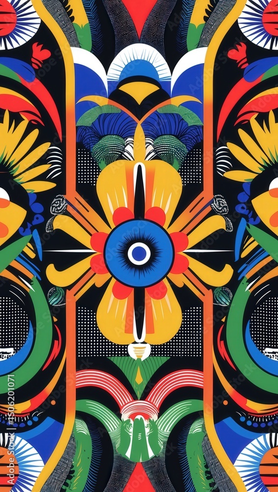 Poster vibrant abstract symmetrical pattern with colorful floral and geometric elements on a black backgrou