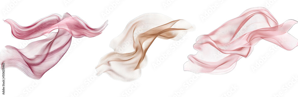 Poster three pieces of sheer fabric two pink and one brown flow and swirl against a transparent background 