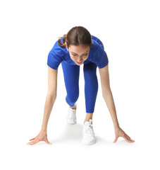 Runner in starting position on white background