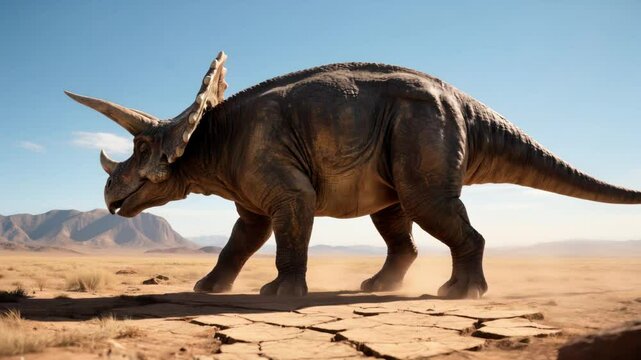 Triceratops caminando por un valle seco