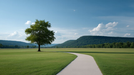 wide winding path stretches through lush green field leading to solitary tree standing majestically