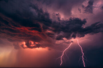 A dramatic photograph of a lightning storm at sunset. 