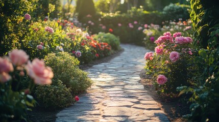 Pathway lined with colorful roses illuminates a tranquil garden during golden hour