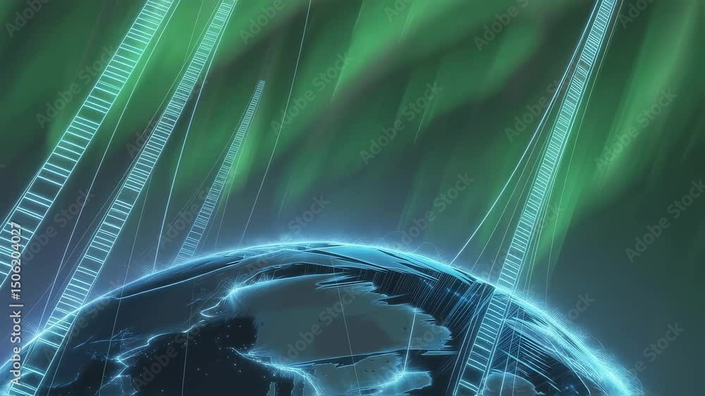 Poster digital lines interweaving across rotating planet earth, glowing aurora borealis illuminating futuri