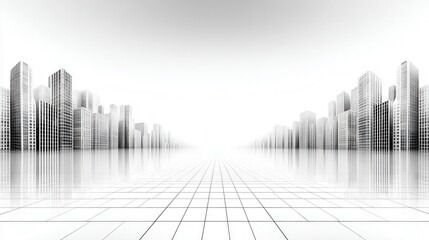 Obraz premium A grayscale cityscape vista, modern skyscrapers, reflected on a gridded pavement