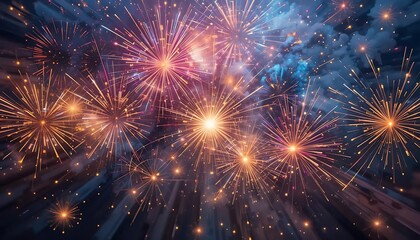 Obraz premium Vibrant explosions of colorful fireworks illuminate the night sky with radial starburst patterns.