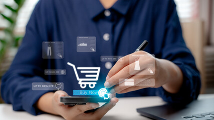 Hand using smartphone with floating online shopping icons, product offers, and 