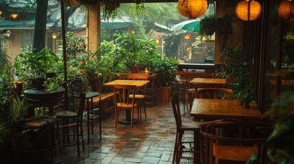 Cozy interior of a quaint cafe featuring wooden tables surrounded by plants during a rainy afternoon