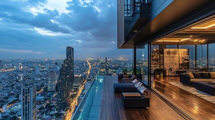 City skyline view from a modern balcony during twilight showcases urban life and architecture
