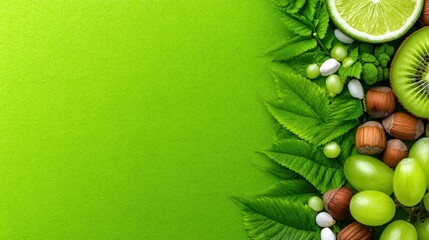 Fresh green fruits and leaves arranged on a vibrant green background