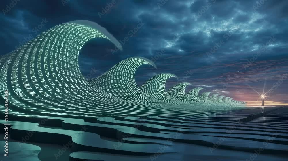 Poster glowing binary code forms mesmerizing waves, crashing in a vast digital ocean under a stormy sky, wi
