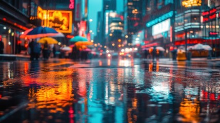Colorful umbrellas brighten a rainy night in a bustling city full of neon lights and reflections