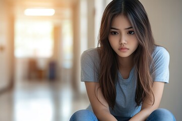 Pensive woman contemplates hallway background softens focus