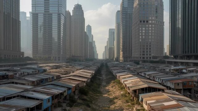 Rusty sign marking economic inequality, standing between weathered shacks and gleaming skyscrapers, revealing stark urban divide symbolizing social disparity in developing cityscape