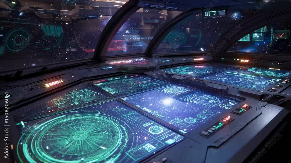 Poster futuristic spaceship cockpit is flying through a colorful nebula with animated data and information 