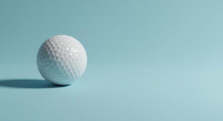 Minimalist composition of white golf ball casting soft shadow on pastel blue background, clean and conceptual studio design for modern sports branding