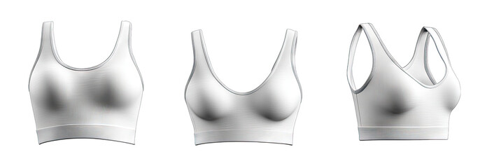White Seamless Sports Bra With A V-neck And Racerback Shown In Three Views From Front Side And Back