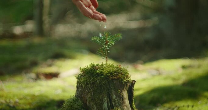 Moisture drips from hand onto tiny pine sapling on forest stump