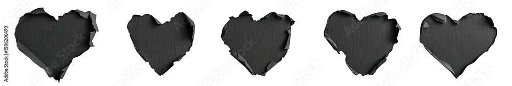 Poster five torn paper hearts in different shapes and sizes on a transparent background