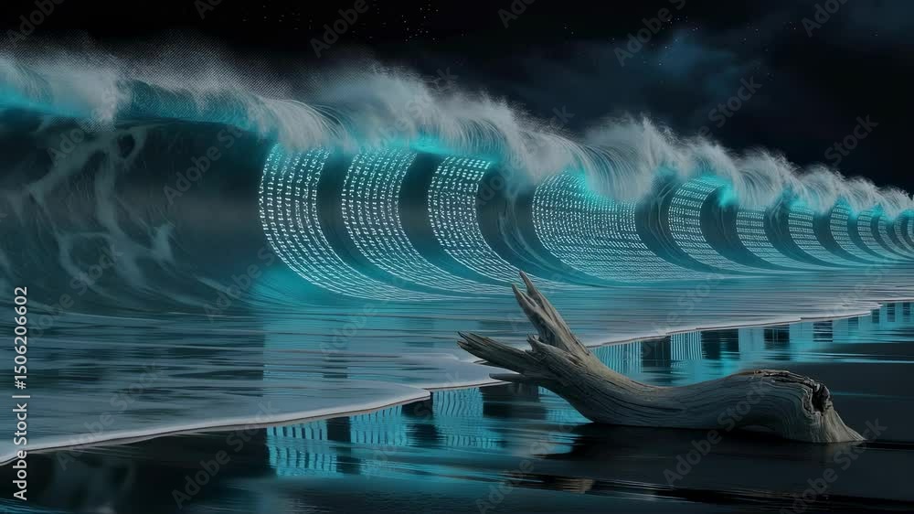 Aufkleber digital waves surging with glowing alphanumeric code crashing against shadowy coastline. weathered d