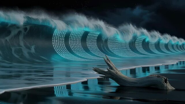 Digital waves surging with glowing alphanumeric code crashing against shadowy coastline. Weathered driftwood silhouetted in foreground. Representing technological communication and virtual landscape