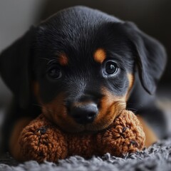 Fototapeta premium Adorable Rottweiler puppy resting with toy on cozy blanket
